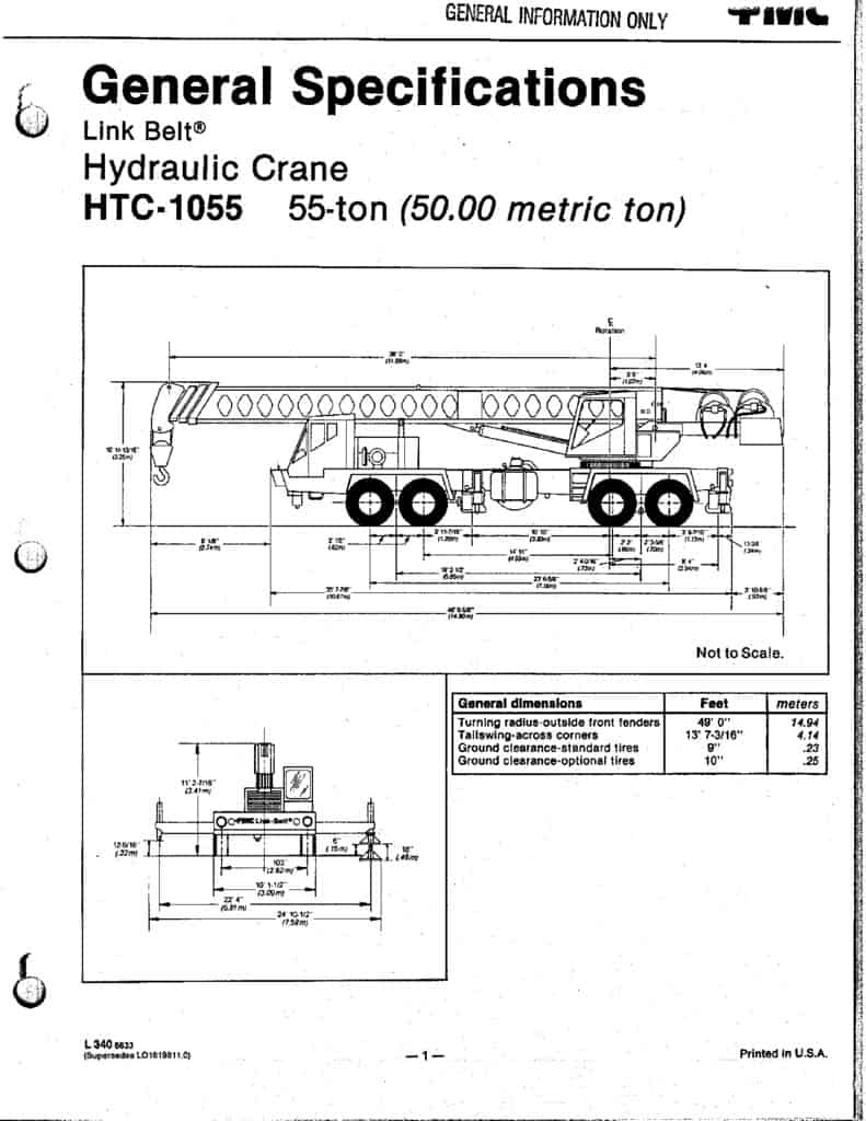 LinkBelt HTC1055 Hydraulic Truck Crane Load Chart & Specification