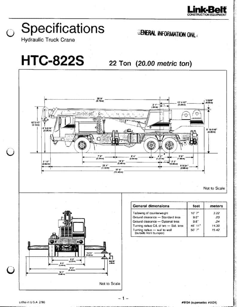 LinkBelt HTC822S Hydraulic Truck Crane Load Chart & Specification