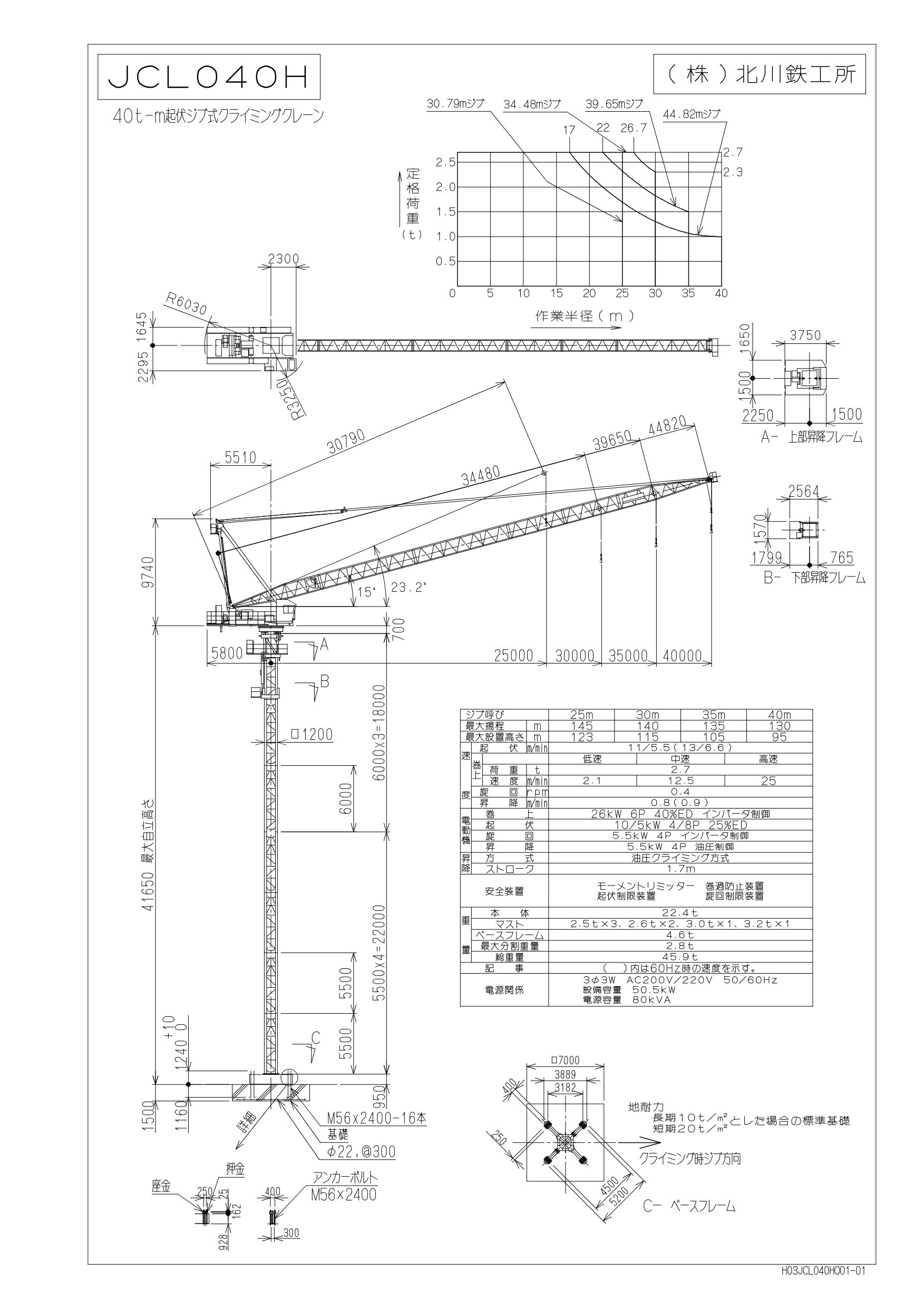 Kitagawa JCL040H Luffing, Tower Crane Load Chart & Specification