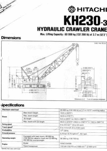 Hitachi KH230-3 Crawler Crane Load Chart