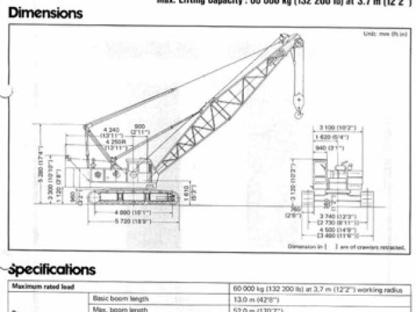 Hitachi KH230-3 Crawler Crane Load Chart