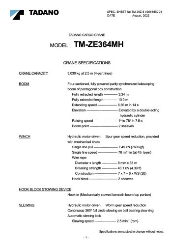 Tadano TM-ZE364MH Cargo Truck Crane Tadano TM-ZE364MH Cargo Truck Crane