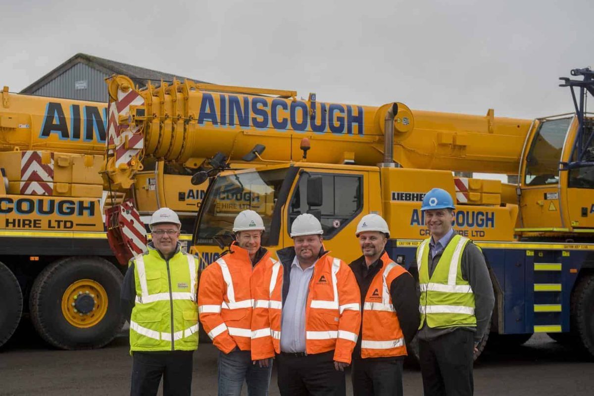 Pictured at the Dundee depot opening, left to right, are: Graham Spence, site manager, Taylor Wimpey; Michael Pratt, commercial director, InverTay Homes; Kenny McMinn, Dundee depot manager, Ainscough Crane Hire; Gavin Egdell, Ainscough regional operations manager, Scotland; Mike D’Arcy, company director, Jackson Steel Structures