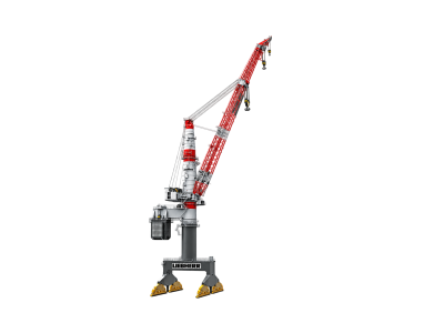 Side profile of a Liebherr TCC 78000 heavy-lift pedestal crane with red and white lattice boom